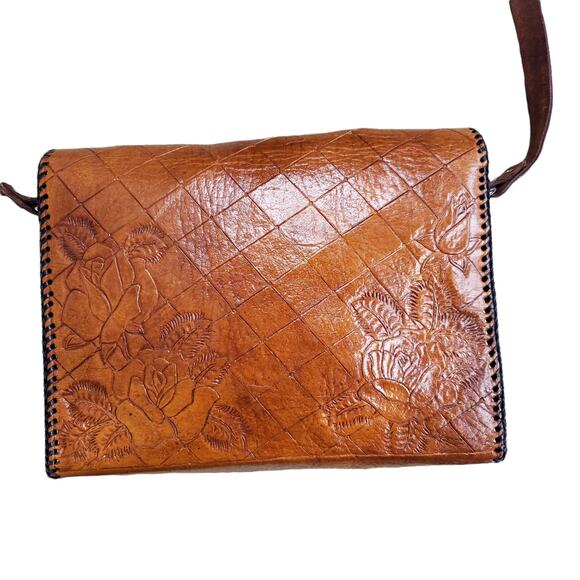 Vintage Crossbody Purse Handbag Brown Leather Tooled Whipstitch Gold Closure - Picture 15 of 15